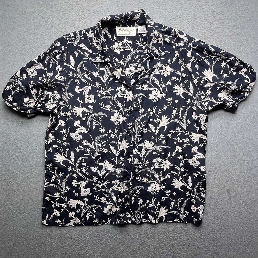 Entourage Women Button Front Blouse Rayon Floral Navy Medium Vintage Aesthetic